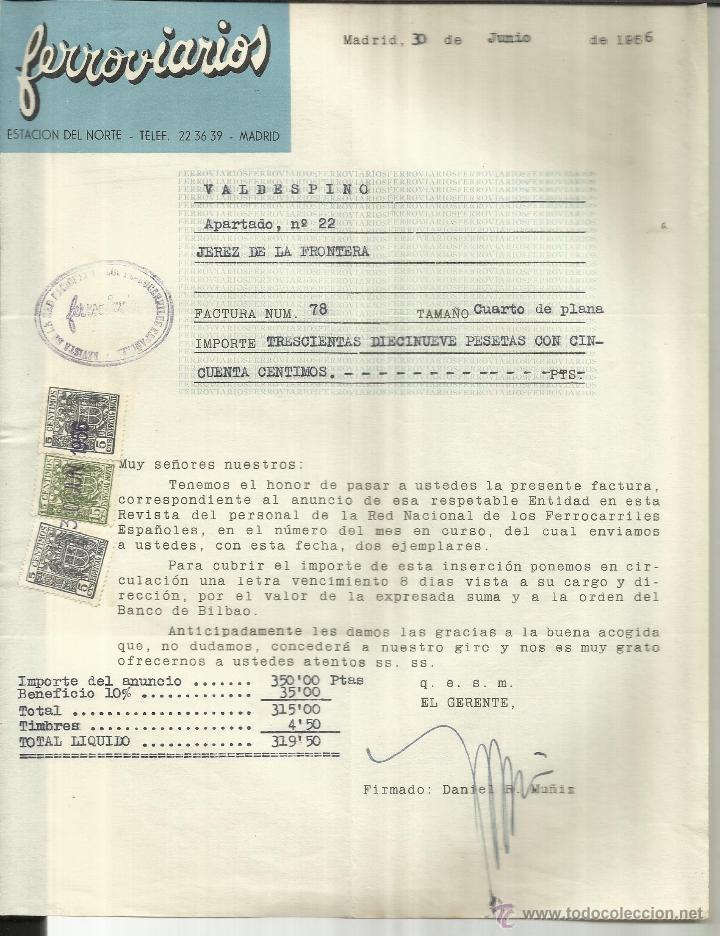 Old Invoices: FACTURA DE FERROVIARIOS. REVISTA DEL PERSONAL DE LA RED NACIONAL DE FERROCARILES. MADRID. 1956