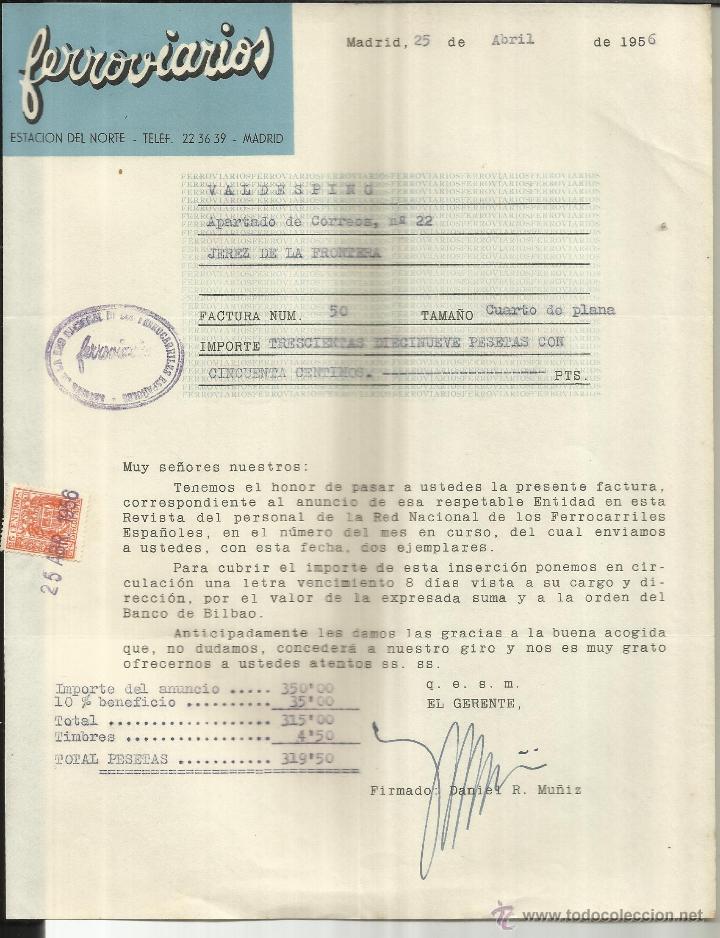 Old Invoices: FACTURA DE FERROVIARIOS. REVISTA DEL PERSONAL DE LA RED NACIONAL DE FERROCARILES. MADRID. 1956