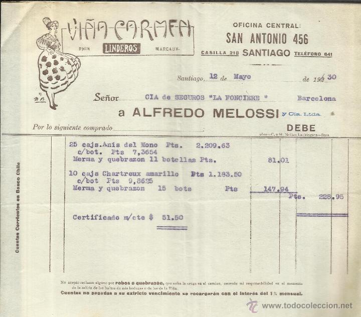 Old Invoices: FACTURA DE VI&Ntilde;A CARMEN. ALFREDO MELOSSI. BARCELONA. 1930