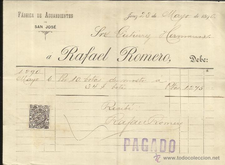 Old Invoices: FACTURA DE F&Aacute;BRICA DE AGUARDIENTES DE SAN JOS&Eacute;. JEREZ DE LA FRONTERA. C&Aacute;DIZ. 1890