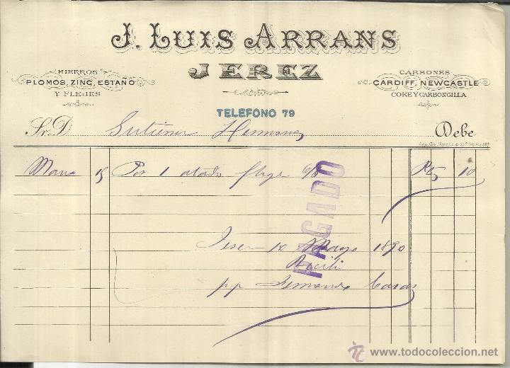 Old Invoices: FACTURA DE J. LUIS ARRANS. HIERROS, PLOMOS, ZINC, ESTA&Ntilde;O Y FLEJES. JEREZ. C&Aacute;DIZ. 1890