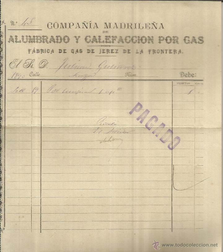 Old Invoices: FACTURA DE COMPA&Ntilde;&Iacute;A MADRILE&Ntilde;A DE ALUMBRADO Y CALEFACCI&Oacute;N POR GAS. JEREZ DE LA FRONTERA. C&Aacute;DIZ. 1890