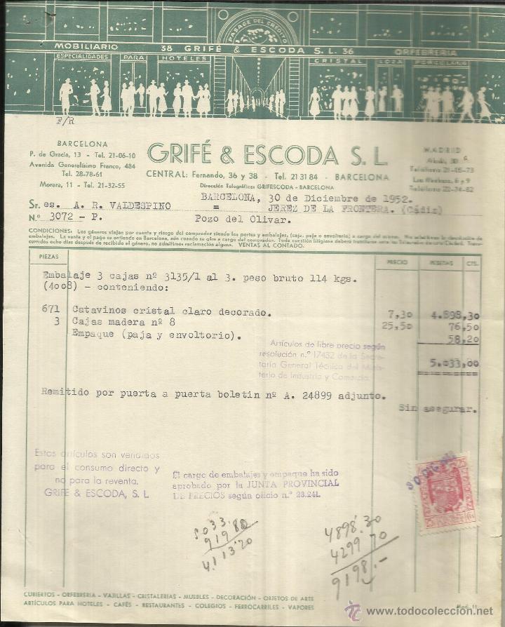 Factures anciennes: FACTURA DE GRIF&Eacute; & ESCODA S.L. ORFEBRER&Iacute;A. CRISTAL. MOBILIARIO. LOZA. PORCELANA. BARCELONA. 1952