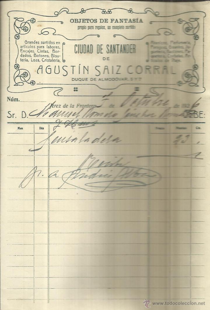 Factures anciennes: FACTURA DE AGUST&Iacute;N SAIZ CORRAL. OBJETOS PARA FANTAS&Iacute;A. JEREZ DE LA FRONTERA. C&Aacute;DIZ. 1926