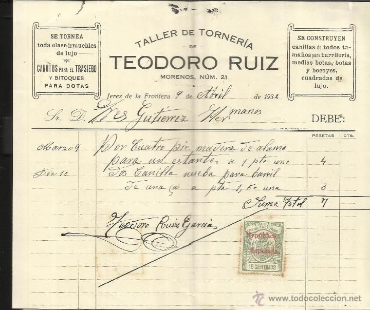 Factures anciennes: FACTURA DE TEODORO RUIZ. TALLER DE TORNER&Iacute;A. JEREZ DE LA FRONTERA. C&Aacute;DIZ. 1932