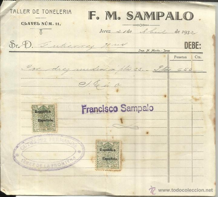 Factures anciennes: FACTURA DE F.M. SAMPALO. TALLER DE TONELER&Iacute;A. JEREZ DE LA FRONTERA. C&Aacute;DIZ. 1932