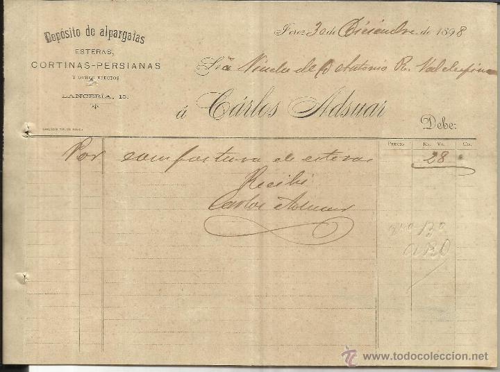 Factures anciennes: FACTURA DE CARLOS ADSUAR. DEP&Oacute;SITO DE ALPARGATAS. ESTERAS, CORTINAS, PERSIANAS. JEREZ. C&Aacute;DIZ. 1898
