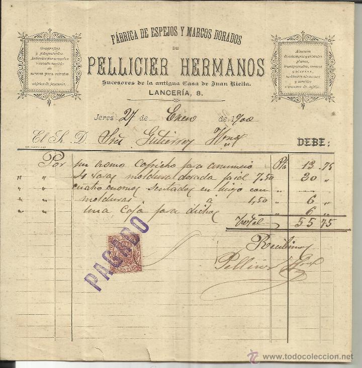 Factures anciennes: FACTURA DE PELLICIER HERMANOS. F&Aacute;BRICA DE ESPEJOS Y MARCOS DORADOS. JEREZ DE LA FRONTERA. C&Aacute;DIZ.1900