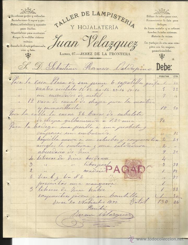 Factures anciennes: FACTURA DE JUAN VEL&Aacute;ZQUEZ. TALLER DE LAMPISTER&Iacute;A. JEREZ DE LA FRONTERA. C&Aacute;DIZ. 1897