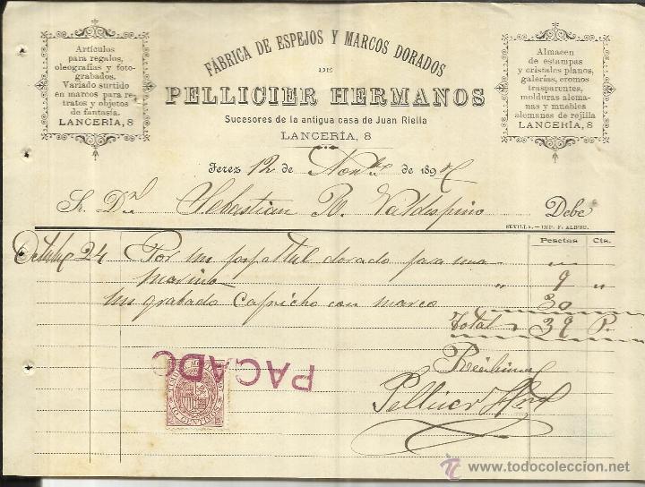 Factures anciennes: FACTURA DE PELICIER HERMANDOS. F&Aacute;BRICA DE ESPEJOS Y MARCOS DORADOS. JEREZ DE LA FRONTERA. C&Aacute;DIZ.1897