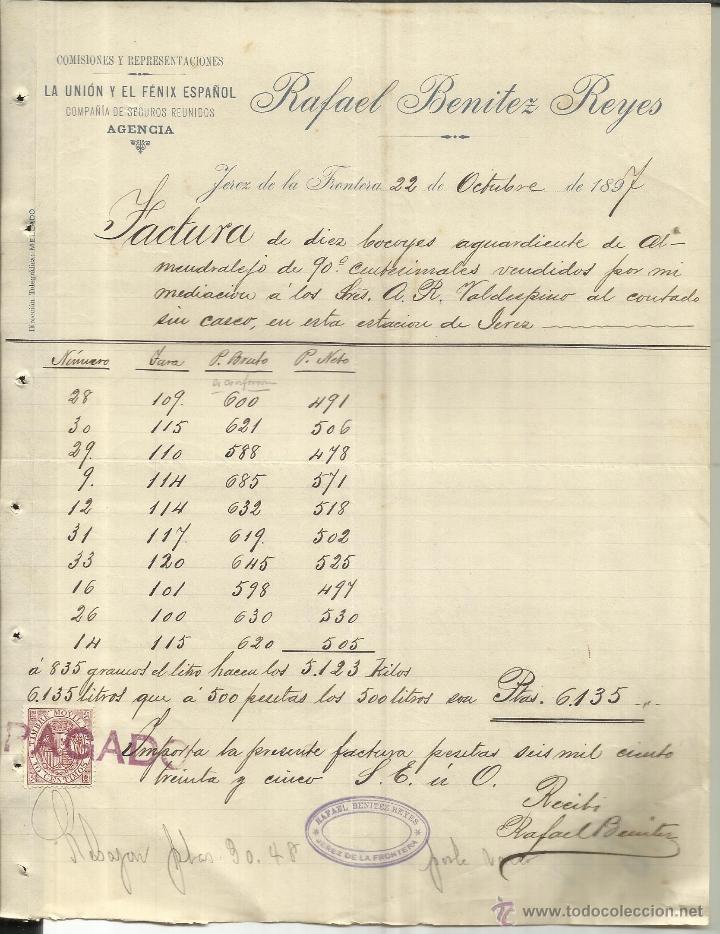 Factures anciennes: FACTURA DE RAFAEL BEN&Iacute;TEZ REYES. COMISIONES Y REPRESENTACIONES. JEREZ DE LA FRONTERA. C&Aacute;DIZ. 1897