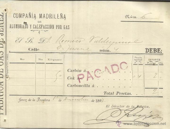 Factures anciennes: FACTURA DE COMPA&Ntilde;&Iacute;A DE ALUMBRADO Y CALEFACCI&Oacute;N POR GAS. JEREZ. C&Aacute;DIZ. 1897