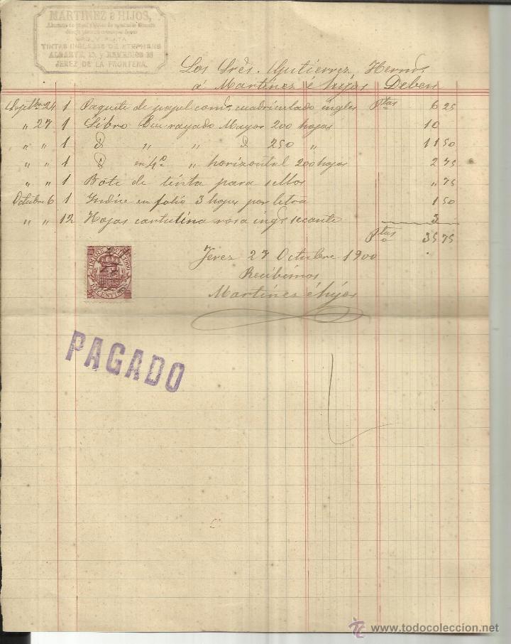 Factures anciennes: FACTURA DE MART&Iacute;NEZ E HIJOS. TINTAS INGLESAS DE STEPHENS. JEREZ. C&Aacute;DIZ. 1900