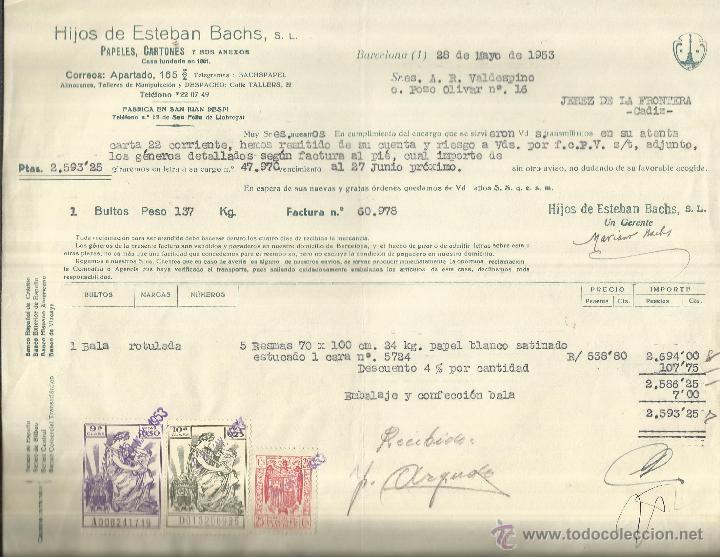 Old Invoices: FACTURA DE HIJOS DE ESTEBAN BACHS S.L. CARTONES, PAPELES Y ANEXOS. BARCELONA. 1953