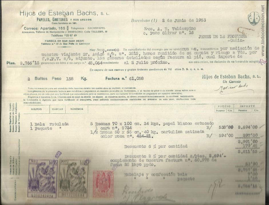 Old Invoices: FACTURA DE HIJOS DE ESTEBAN BACHS S.L. CARTONES, PAPELES Y ANEXOS. BARCELONA. 1953