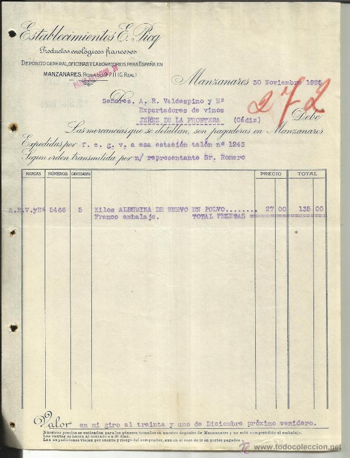 Old Invoices: FACTURA DE ESTABLECIMIENTOS E. PICQ. PRODUCTOS ENOL&Oacute;GICOS FRANCESES. MANZANARES. 1925