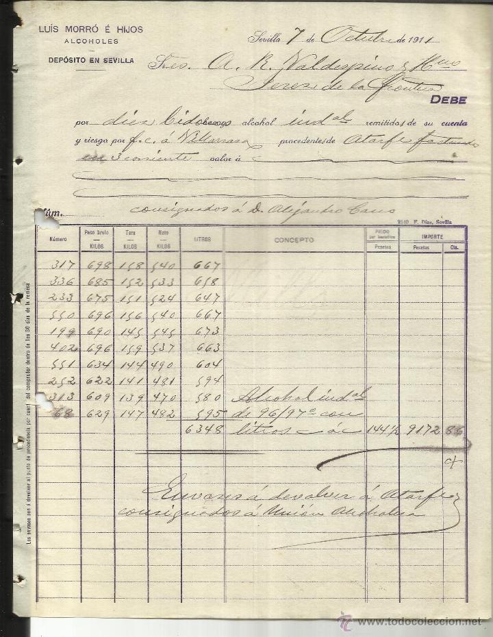 Old Invoices: FACTURA DE LU&Iacute;S MORR&Oacute; E HIJOS. ALCOHOLES. SEVILLA. 1911