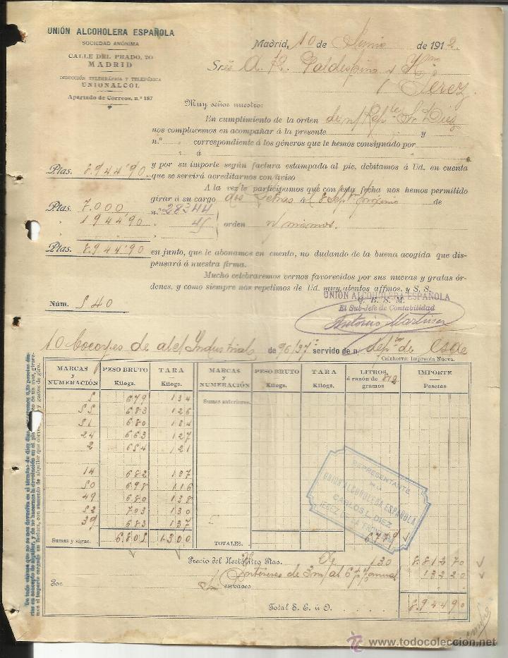 Old Invoices: FACTURA DE UNI&Oacute;N ALCOHOLERA ESPA&Ntilde;OLA. MADRID. 1912