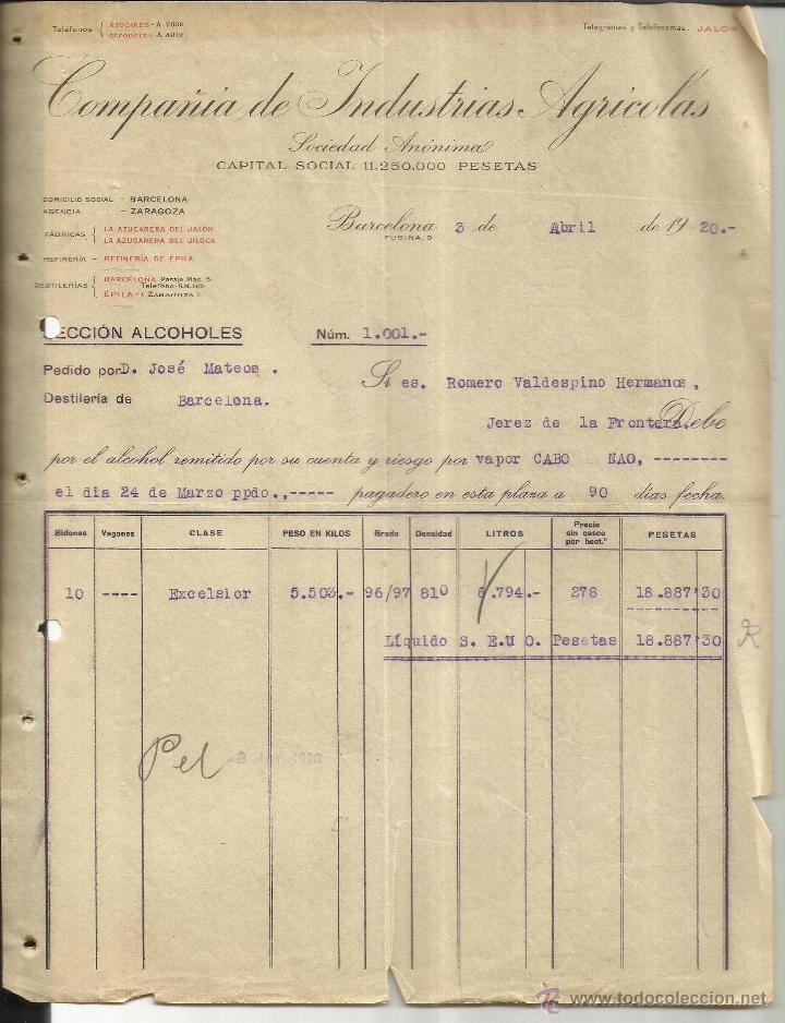 Old Invoices: FACTURA DE COMPA&Ntilde;&Iacute;A DE INDUSTR&Iacute;AS AGR&Iacute;COLAS. BARCELONA. 1920