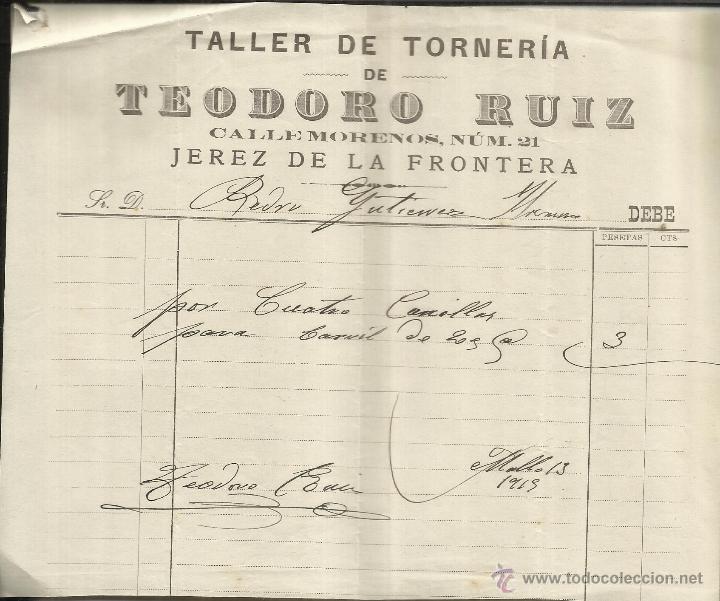 Old Invoices: FACTURA DE TEODORO RUIZ. TALLER DE TORNER&Iacute;A. JEREZ DE LA FRONTERA. C&Aacute;DIZ. 1919