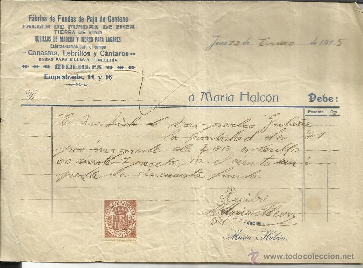 Old Invoices: FACTURA DE MAR&Iacute;A HALC&Oacute;N. F&Aacute;BRICA DE FUNDAS DE PAJA DE CENTENO. JEREZ. C&Aacute;DIZ. 1915