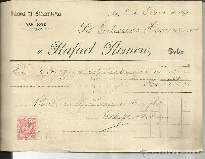 Old Invoices: FACTURA DE RAFAEL ROMERO. F&Aacute;BRICA DE AGUARDIENTES DE SAN JOS&Eacute;. JEREZ DE LA FRONTERA. C&Aacute;DIZ. 1891