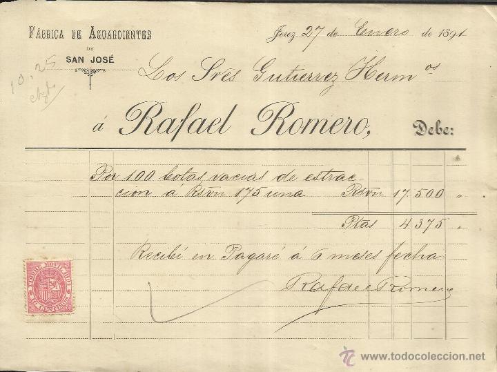 Old Invoices: FACTURA DE RAFAEL ROMERO. F&Aacute;BRICA DE AGUARDIENTES DE SAN JOS&Eacute;. JEREZ DE LA FRONTERA. C&Aacute;DIZ. 1891