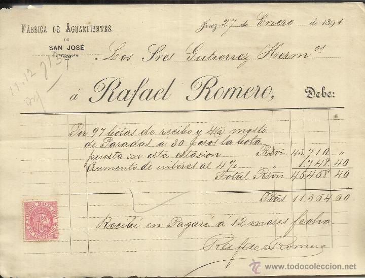 Old Invoices: FACTURA DE RAFAEL ROMERO. F&Aacute;BRICA DE AGUARDIENTES DE SAN JOS&Eacute;. JEREZ DE LA FRONTERA. C&Aacute;DIZ. 1891