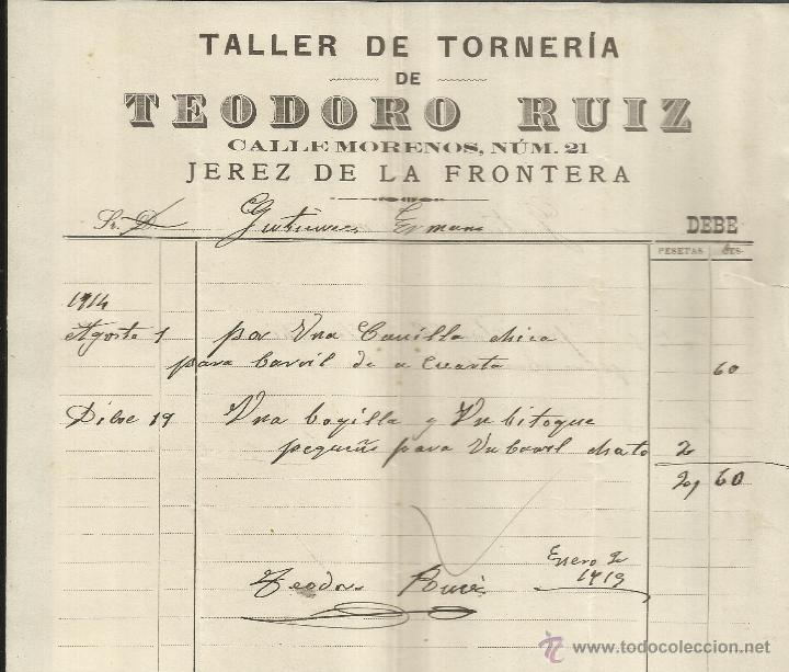 Facturas antiguas: FACTURA DE TEODORO RUIZ. TALLER DE TORNER&Iacute;A. JEREZ DE LA FRONTERA. C&Aacute;DIZ. 1919