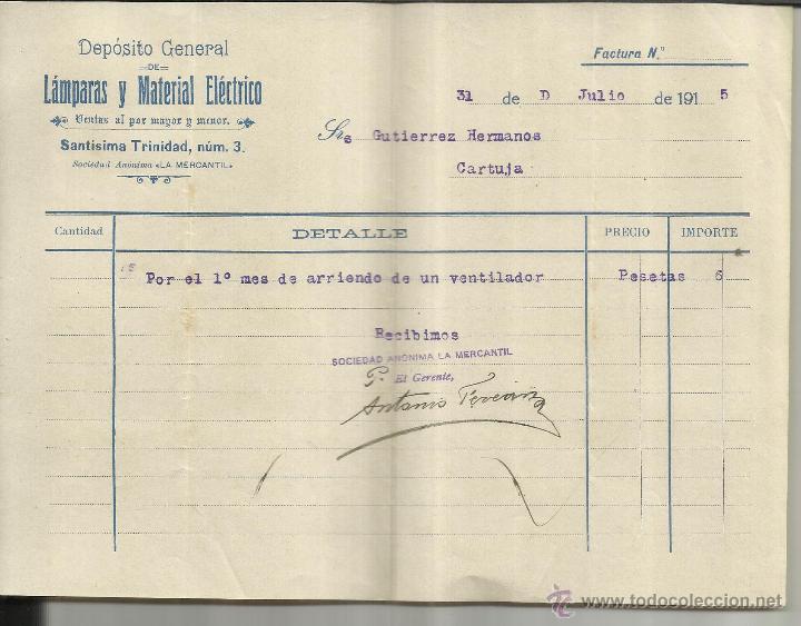 Facturas antiguas: FACTURA DE DESP&Oacute;SITO GENERAL DE L&Aacute;MPARAS Y MATERIAL EL&Eacute;CTRICA. JEREZ DE LA FRONTERA. C&Aacute;DIZ. 1915