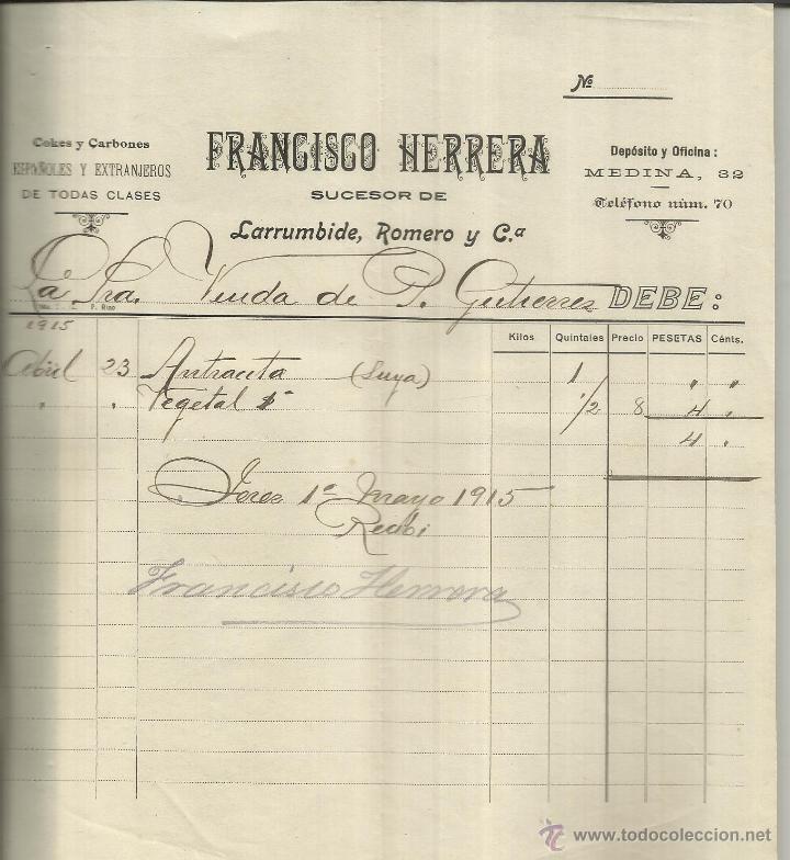 Old Invoices: FACTURA DE FRANCISCO HERRERA. SUCESOR DE LARRUMBIDE, ROMERO Y C&ordf;. JEREZ. C&Aacute;DIZ. 1915
