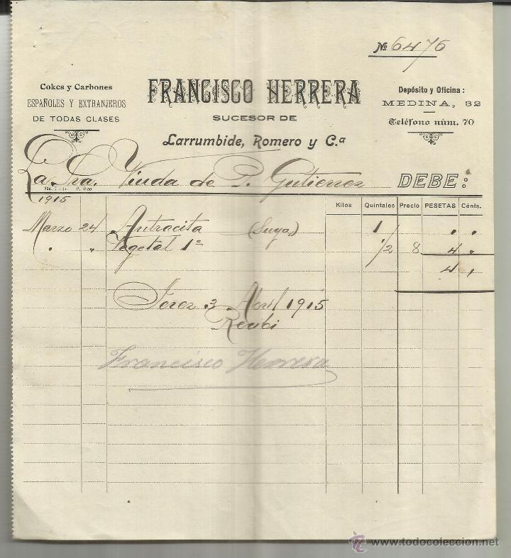 Old Invoices: FACTURA DE FRANCISCO HERRERA. SUCESOR DE LARRUMBIDE, ROMERO Y C&ordf;. JEREZ. C&Aacute;DIZ. 1915