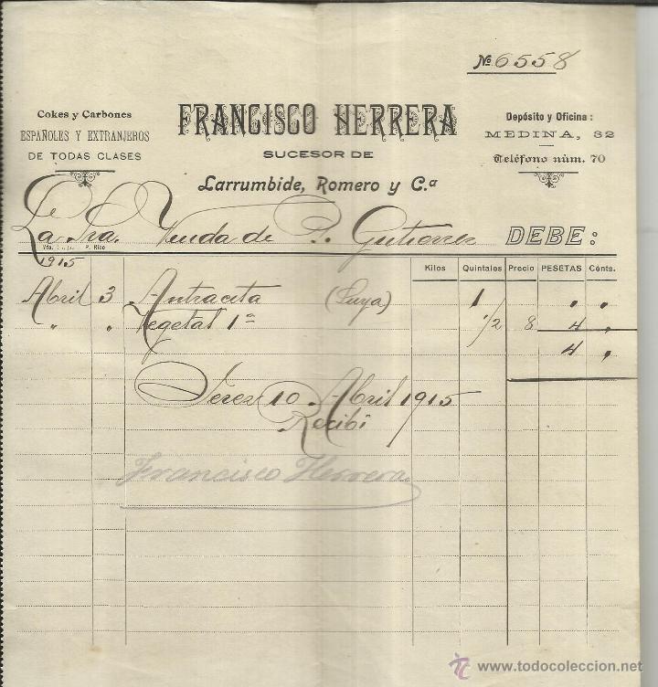 Old Invoices: FACTURA DE FRANCISCO HERRERA. SUCESOR DE LARRUMBIDE, ROMERO Y C&ordf;. JEREZ. C&Aacute;DIZ. 1915
