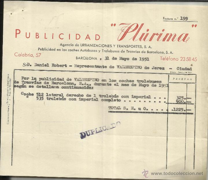 Old Invoices: FACTURA DE PUBLICIDAD PL&Uacute;RIMA. BARCELONA. 1951