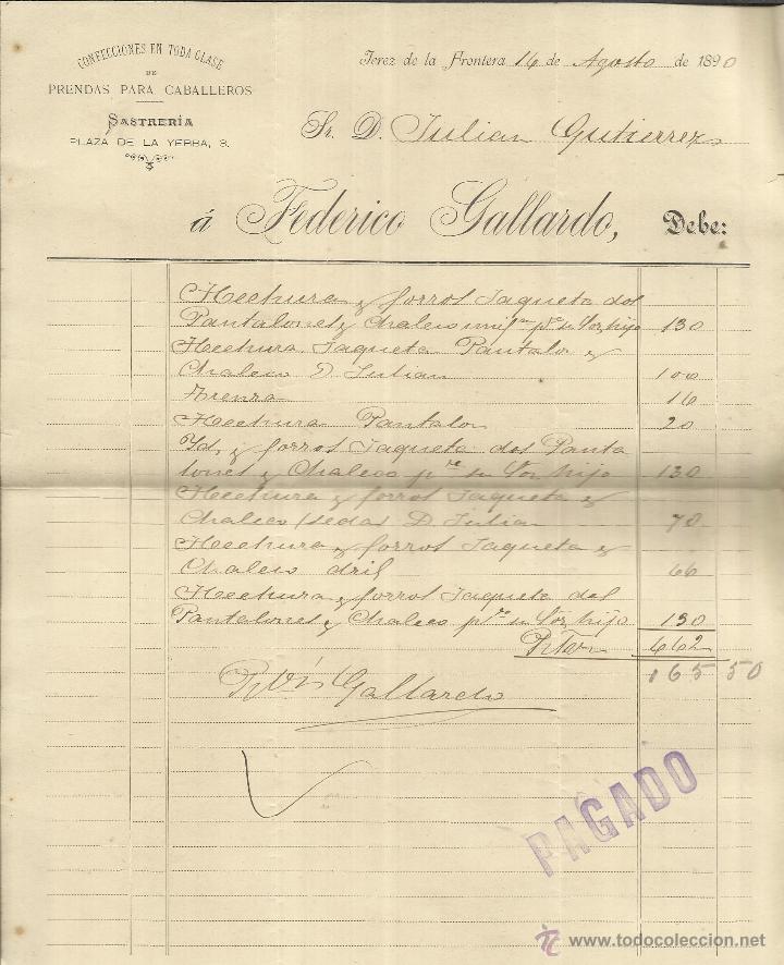 Old Invoices: FACTURA DE FEDERICO GALLARDO. CONFECCIONES. SATRER&Iacute;A. JEREZ DE LA FRONTERA. C&Aacute;DIZ. 1890
