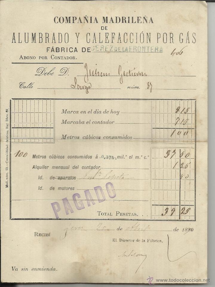Old Invoices: FACTURA DE COMPA&Ntilde;&Iacute;A MADRILE&Ntilde;A DE ALUMBRADO Y CALEFACCI&Oacute;N POR GAS. JEREZ DE LA FRONTERA. C&Aacute;DIZ. 1890