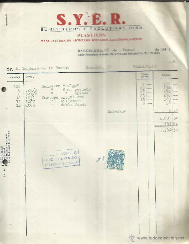 Alte Rechnungen: FACTURA DE SYER. SUMINISTROS Y EXCLUSIVAS RIBA. BARCELONA. 1960