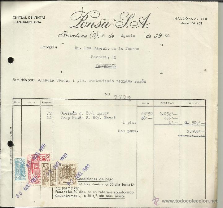 Alte Rechnungen: FACTURA DE PONSA S.A. BARCELONA. 1960