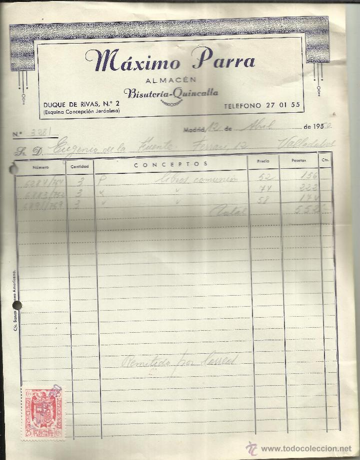 Alte Rechnungen: FACTURA M&Aacute;XIMO PARRA. BISUTERIA. QUINCALLA. MADRID. 1950
