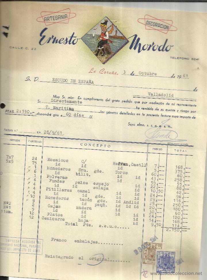 Alte Rechnungen: FACTURA DE ERNESTO MORODO. ARTESANIA. DECORACI&Oacute;N. LA CORU&Ntilde;A. 1961