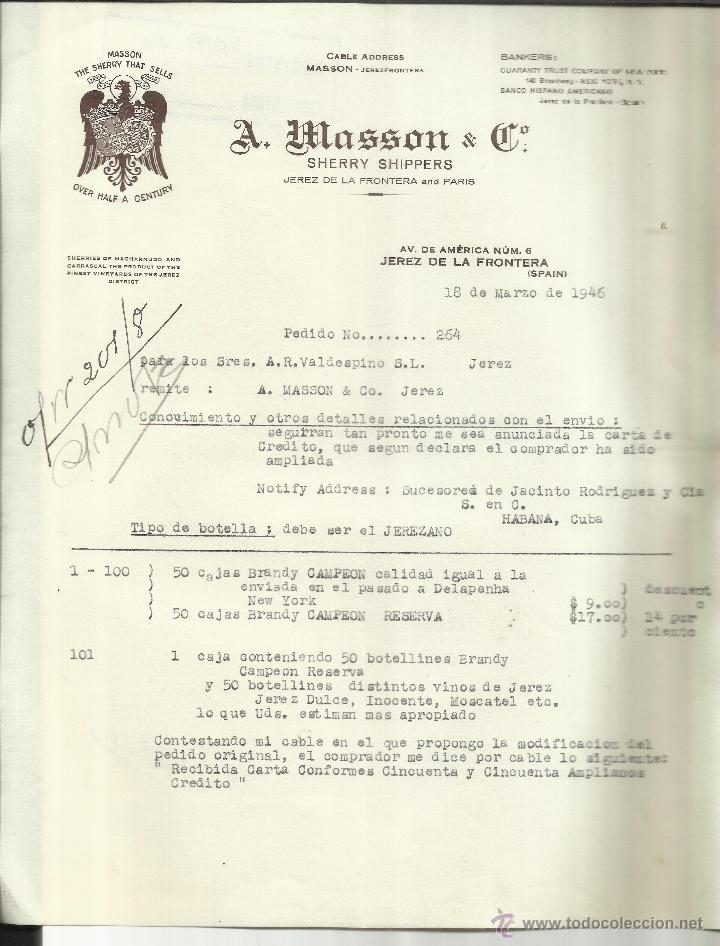 Alte Rechnungen: FACTURA DE A. MASSON & C&ordf;. SHERRY SHIPPERS. JEREZ DE LA FRONTERA. C&Aacute;DIZ. 1946