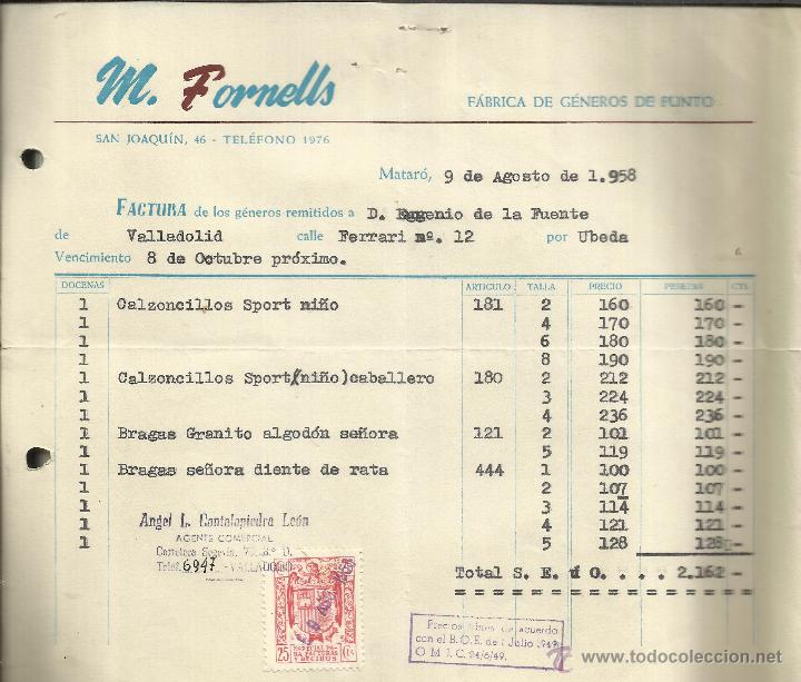 Alte Rechnungen: FACTURA DE M. FORNELLS. G&Eacute;NEROS DE PUNTO. MATAR&Oacute;. BARCELONA. 1958