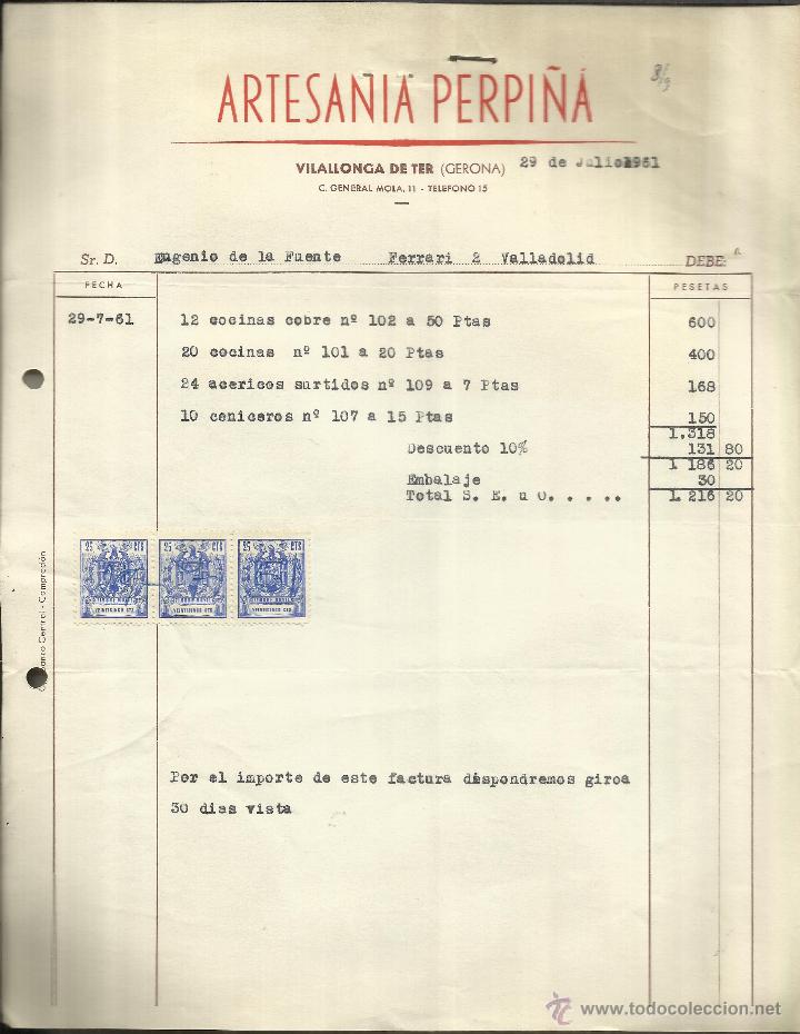 Alte Rechnungen: FACTURA DE ARTESAN&Iacute;A PERPI&Ntilde;A. GERONA. 1961