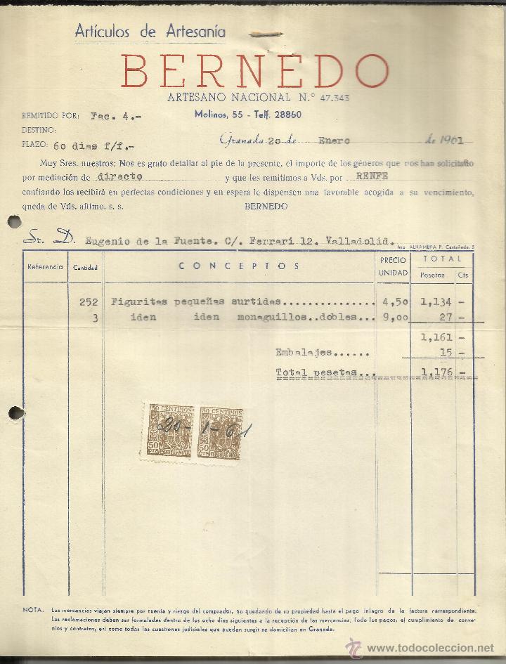 Alte Rechnungen: FACTURA DE BERNEDO. ART&Iacute;CULOS DE ARTESAN&Iacute;A. GRANADA. 1961