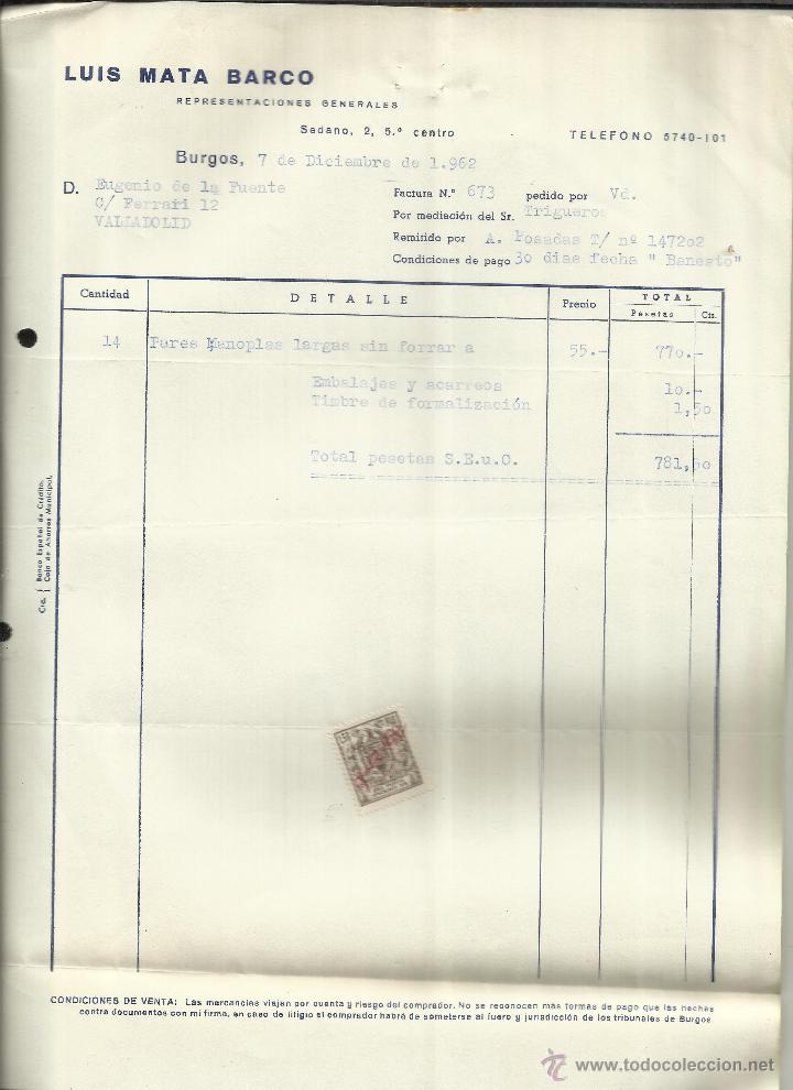 Alte Rechnungen: FACTURA DE LUIS MATA BARCO. REPRESENTACIONES. BURGOS. 1962