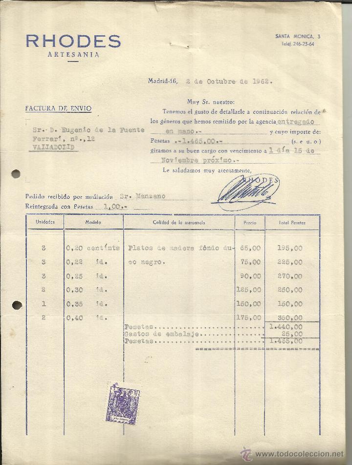 Alte Rechnungen: FACTURA DE RHODES ARTESAN&Iacute;A. MADRID. 1962