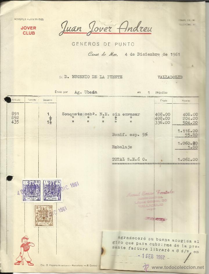 Alte Rechnungen: FACTURA DE JUAN JOVER ANDREU. G&Eacute;NEROS DE PUNTO. CANET DE MAR. BARCELONA. 1961