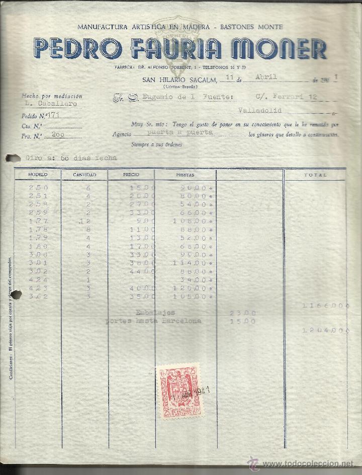 Alte Rechnungen: FACTURA DE PEDRO FAURIA MONER. BASTONES MONTE. SAN HILARIO SACALM. GERONA. 1961