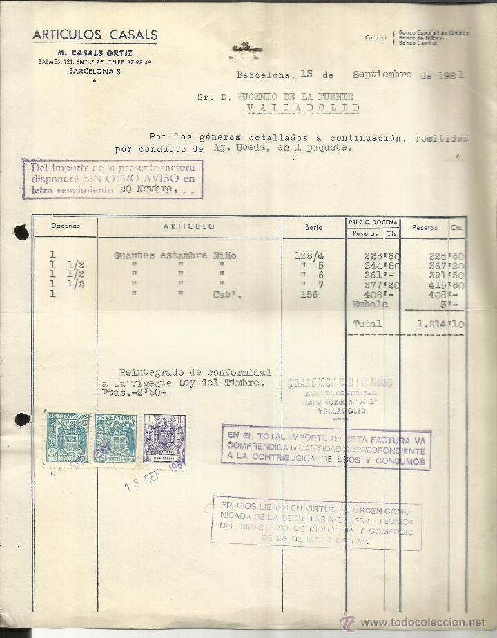 Alte Rechnungen: FACTURA DE ART&Iacute;CULOS CASALS. M. CASALS ORTIZ. BARCELONA. 1961