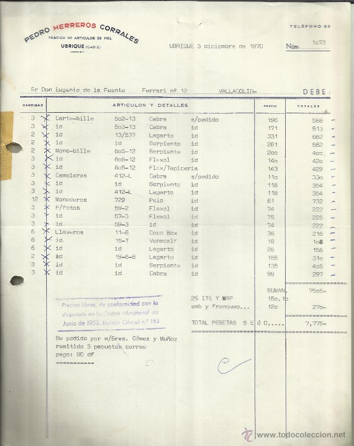 Fatture antiche: FACTURA DE PEDRO HERREROS CORRALES. ART&Iacute;CULOS DE PIEL. UBRIQUE. C&Aacute;DIZ. 1970
